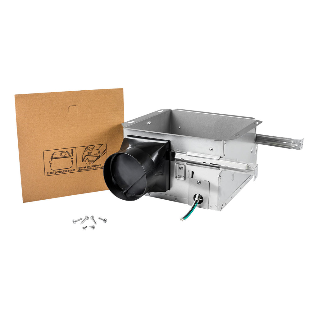 The QFBC4A contractor housing pack includes the bath fan housing, hardware, and protective cover to keep the fan protected while construction occurs. 