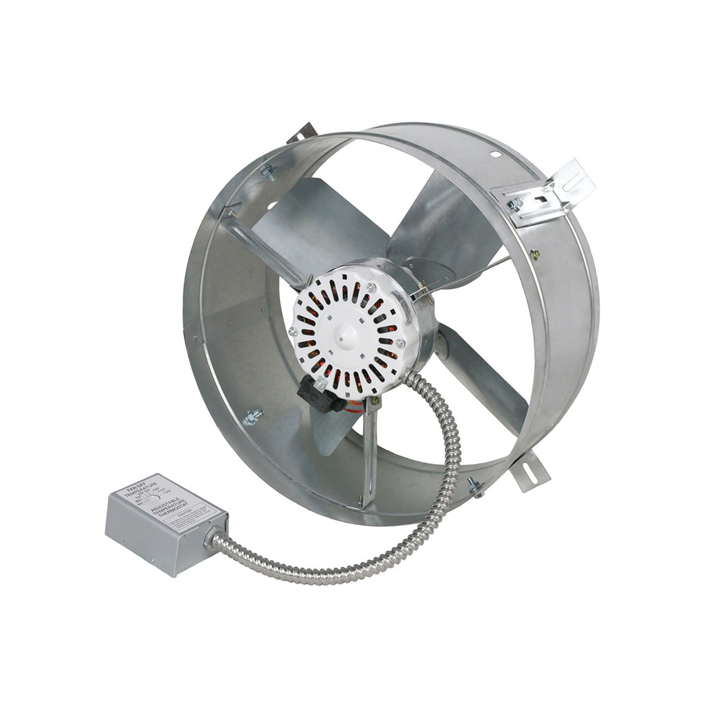1,650 CFM gable fan showing the adjustable thermostat and heavy duty steel shroud housing. 