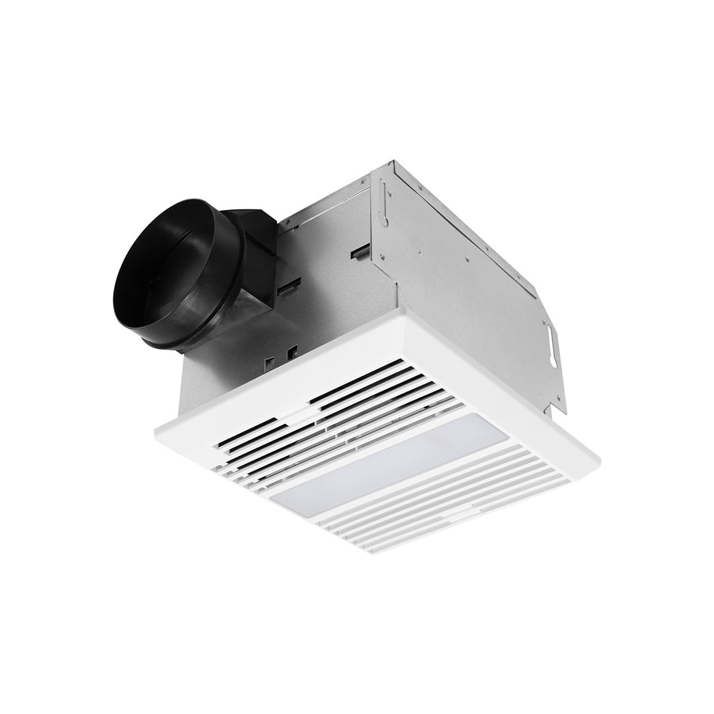 The QuFresh MC704L has a 4 inch duct collar and operates at 70 CFM with a functional 11W LED light on a modern grille for little to no maintenance. 