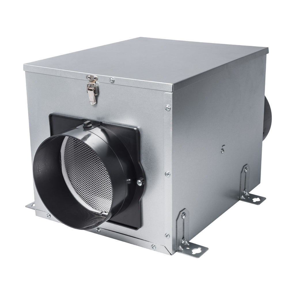 The QUF100X has 50, 80, and 100 CFM airflow settings, an insulated galvanized steel housing with ECM motor, and collar adapters with automatic dampers to accept 6 in. round ducting.
